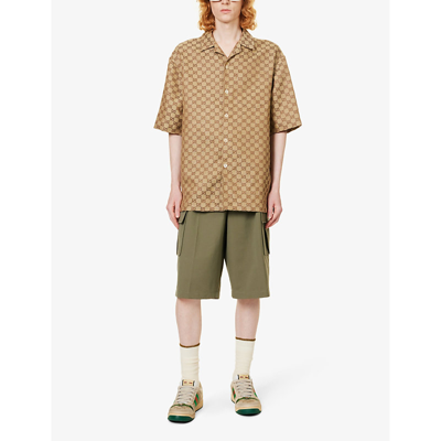 Shop Gucci Mens Camel Ebony Archivio Patch-pocket Relaxed-fit Linen-blend Shirt