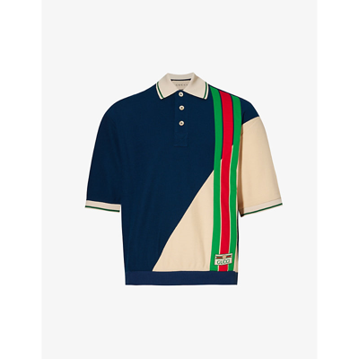 Shop Gucci Men's Blue Ivory Mix Logo-patch Striped Wool And Cotton-blend Polo Shirt