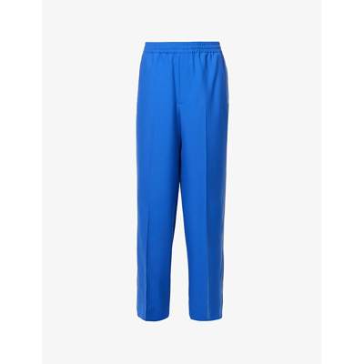 Shop Gucci Men's Electric Blue Mix Brand-embroidered Slip-pocket Straight-leg Regular-fit Wool-blend Trou