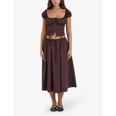 Shop House Of Cb Women's Rich Brown Cora Gathered Stretch Cotton-blend Midi Skirt