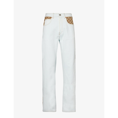 Shop Gucci Men's Light Blue Mix Logo-embroidered Straight-leg Mid-rise Jeans