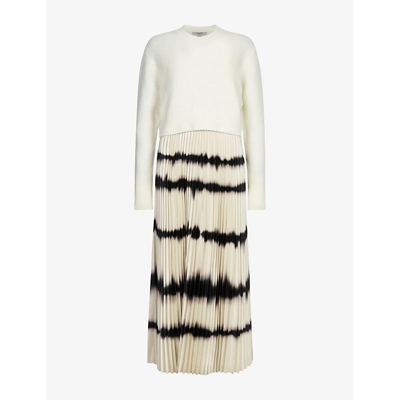 Shop Allsaints Curtis 2-in-1 Recycled-polyester Blend Midi Dress And Knitted Jumper In Chalk White/bl
