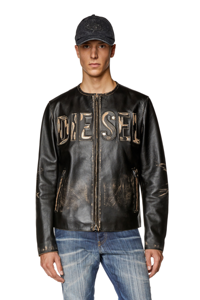 Shop Diesel Distressed Leather Jacket With Metal Logo In Black