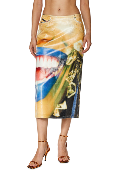 Shop Diesel Denim Midi Skirt With Smiley Faces Print In Multicolor