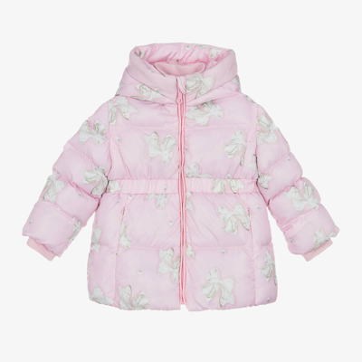 Shop Monnalisa Girls Pink & Ivory Bow Print Puffer Coat