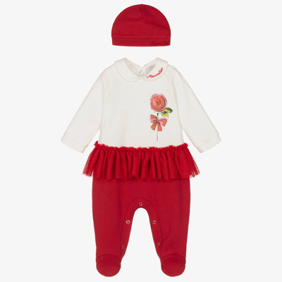 Shop Monnalisa Girls Ivory & Red Cotton Babygrow Set
