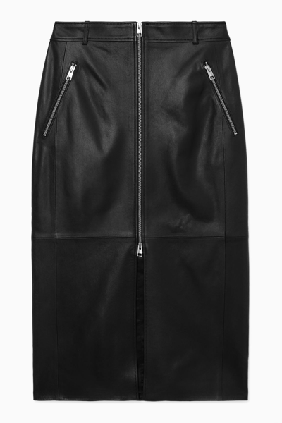 Shop Cos Zip-up Leather Midi Skirt In Black