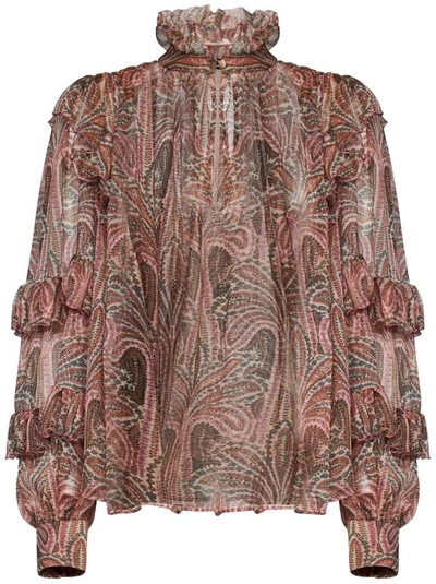 Shop Etro Floral Vegetable Print Silk Top In Brown