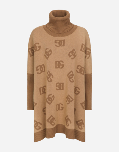 Shop Dolce & Gabbana Short Wool Turtle-neck Poncho With Dg Inlay In Multicolor