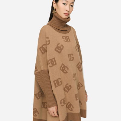 Shop Dolce & Gabbana Short Wool Turtle-neck Poncho With Dg Inlay In Multicolor