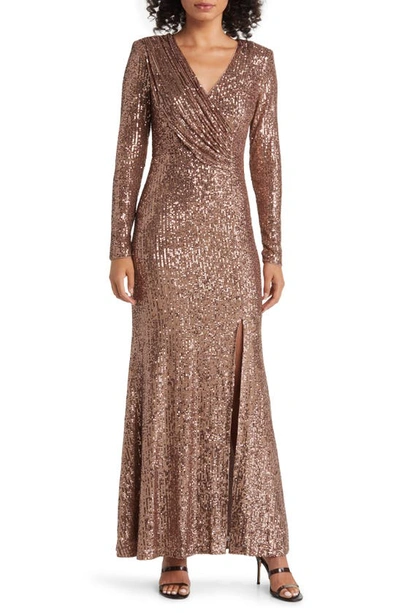 Shop Eliza J Sequin Long Sleeve Gown In Taupe