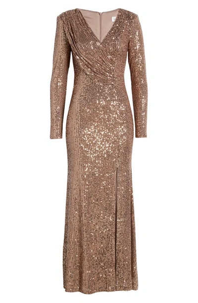 Shop Eliza J Sequin Long Sleeve Gown In Taupe