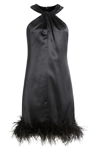 Shop Eliza J Halter Neck Feather Trim Satin Cocktail Minidress In Black