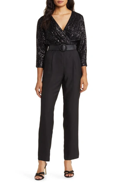 Shop Eliza J Sequin Bodice Mixed Media Jumpsuit In Black