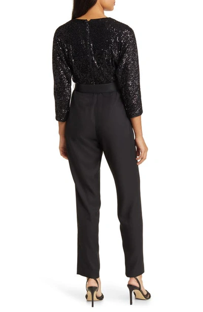 Eliza J Sequin Bodice Mixed Media Jumpsuit In Black