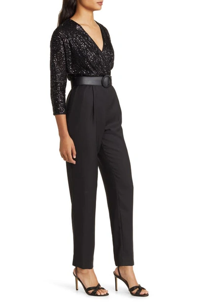 Shop Eliza J Sequin Bodice Mixed Media Jumpsuit In Black