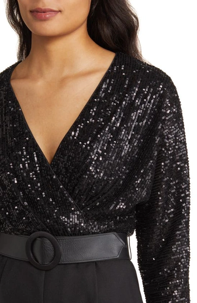 Shop Eliza J Sequin Bodice Mixed Media Jumpsuit In Black