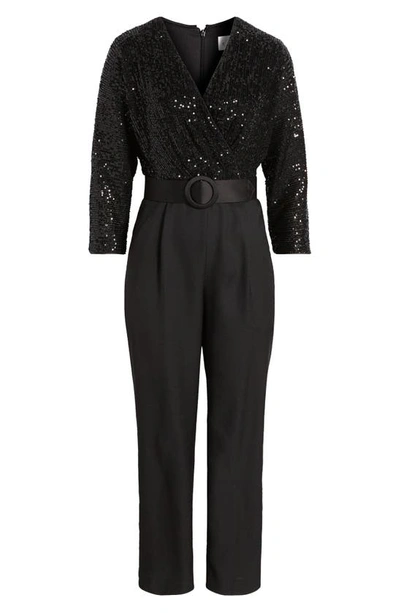 Eliza J Sequin Bodice Mixed Media Jumpsuit In Black