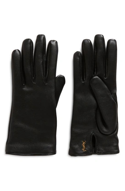 Shop Saint Laurent Cassandre Logo Cashmere Lined Leather Gloves In Black/ Gold