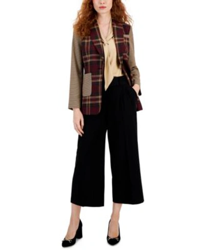 Shop Tahari Asl Womens Colorblocked One Button Blazer Mid Rise Cropped Trouser Pants In Camel Wine Black
