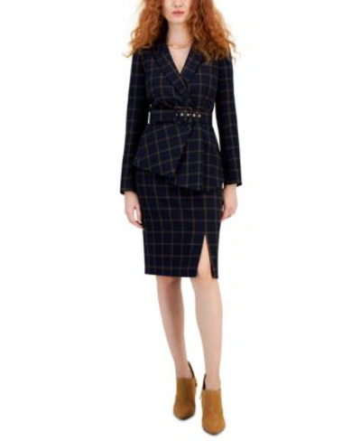 Shop Tahari Asl Womens Windowpane Belted Blazer Matching Pencil Skirt In Midniight Saddle
