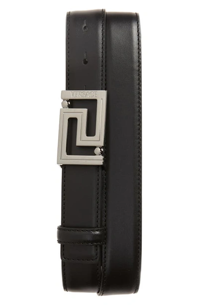 Shop Versace Greca Buckle Leather Belt In 1b00e-black-ruthenium