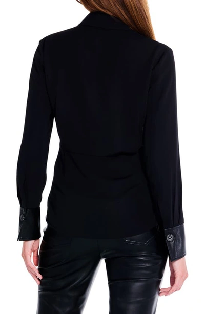 Shop Nic + Zoe Trimmed Up Faux Leather Cuff Button-up Shirt In Black Onyx