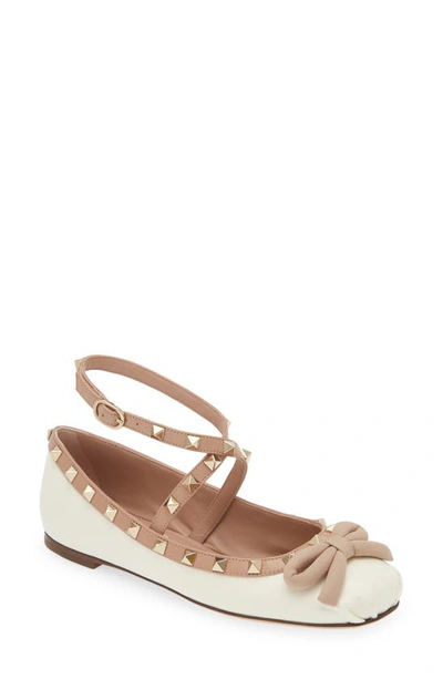 Shop Valentino Rockstud Ankle Strap Ballet Flat In Ivory/ Rose Cannelle