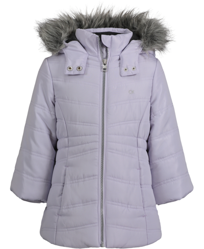 Shop Calvin Klein Baby Girls Aerial Longline Faux Fur Hooded Jacket In Lavender