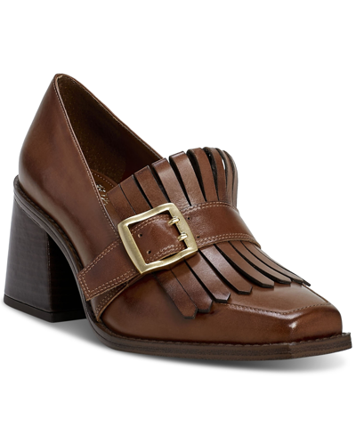Shop Vince Camuto Women's Sedna Kiltie Block-heeled Tailored Loafers In Warm Caramel Burnished Leather