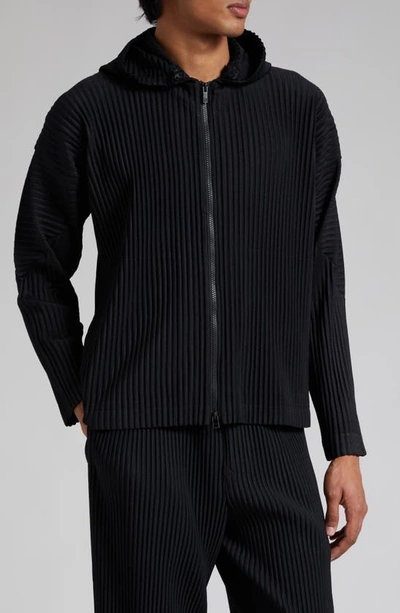 Shop Issey Miyake Pleated Zip-up Hoodie In Black