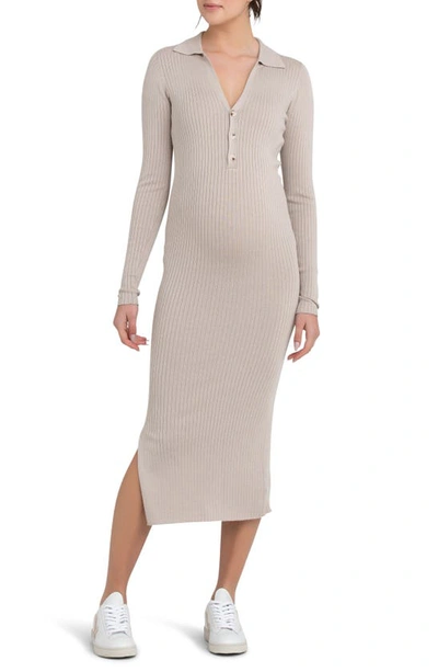 Shop Ripe Maternity Sammy Rib Long Sleeve Maternity/nursing Polo Dress In Stone