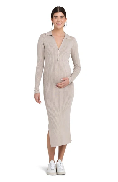 Shop Ripe Maternity Sammy Rib Long Sleeve Maternity/nursing Polo Dress In Stone