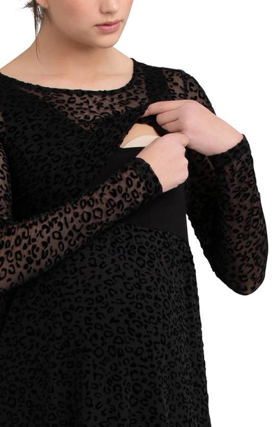 Shop Ripe Maternity Leo Flocked Long Sleeve Maternity/nursing Dress In Black