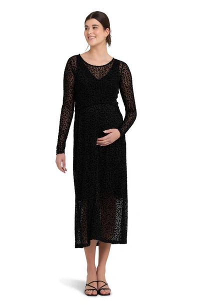 Shop Ripe Maternity Leo Flocked Long Sleeve Maternity/nursing Dress In Black
