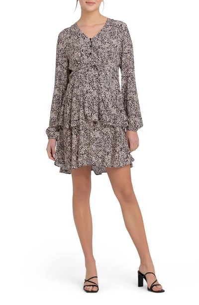 Shop Ripe Maternity Florence Tiered Long Sleeve Floral Maternity/nursing Dress In Black / Dusty Pink