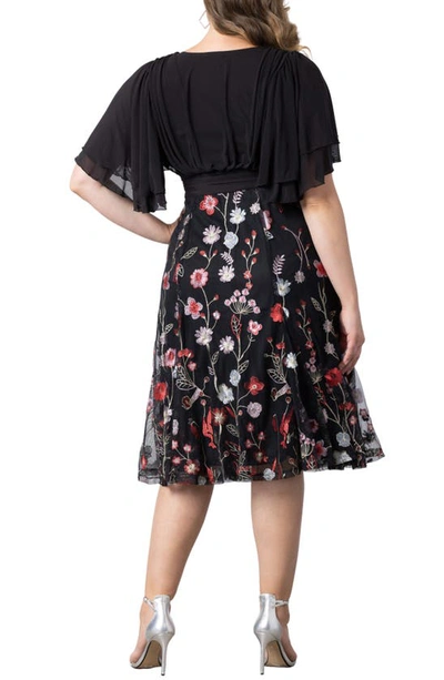 Kiyonna Lillian Embroidered Flutter Sleeve Cocktail Dress In Bordeaux Blooms