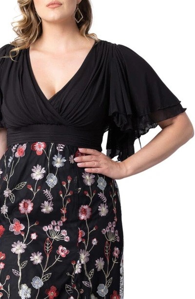 Kiyonna Lillian Embroidered Flutter Sleeve Cocktail Dress In Bordeaux Blooms