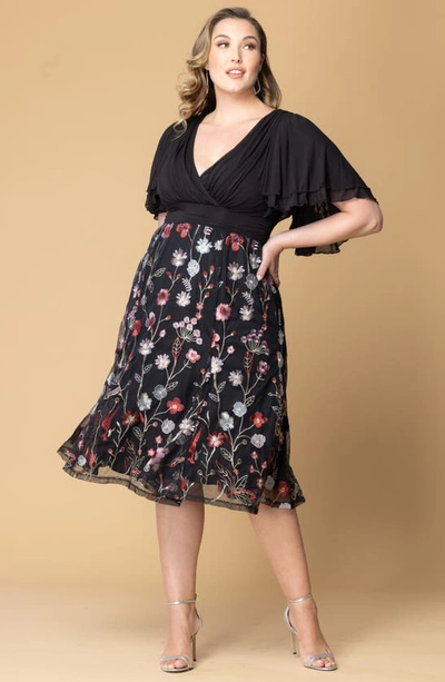 Kiyonna Lillian Embroidered Flutter Sleeve Cocktail Dress In Bordeaux Blooms
