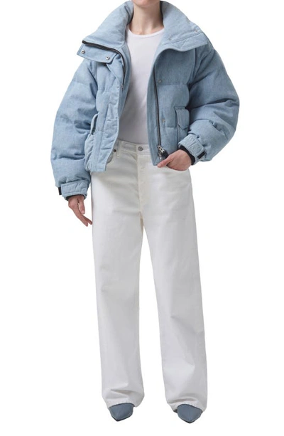 Shop Agolde Nova Organic Cotton Denim Puffer Jacket In Marbled Indigo