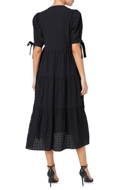 English Factory Women's Gingham Tiered Midi Dress With Bow Tie Sleeves In Black