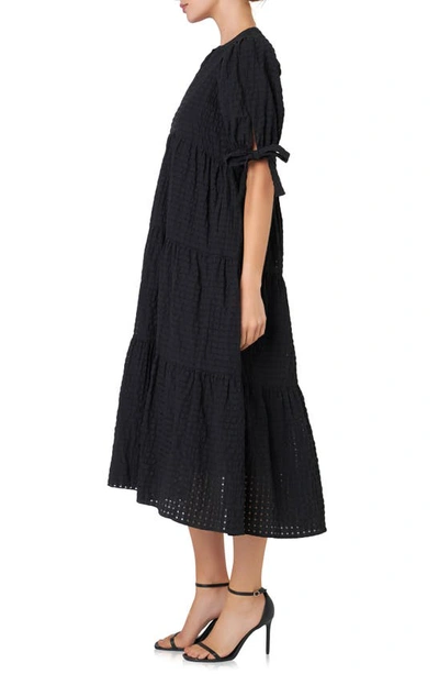 English Factory Women's Gingham Tiered Midi Dress With Bow Tie Sleeves In Black