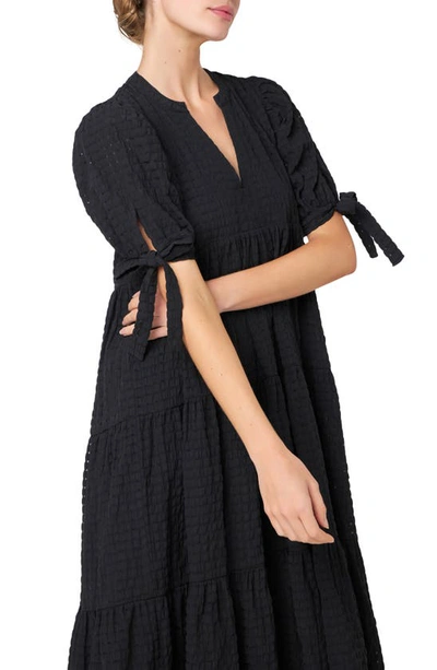 English Factory Women's Gingham Tiered Midi Dress With Bow Tie Sleeves In Black