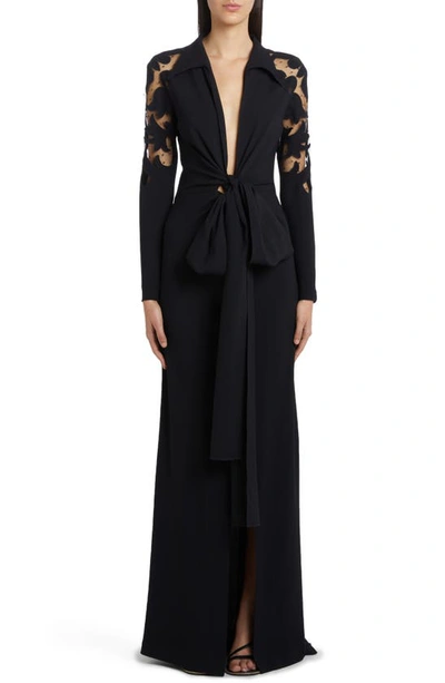 Shop Etro Cutout Long Sleeve Tulle & Crepe Tie Front Gown In 0001 - Nero