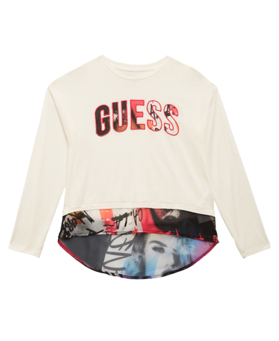 Guess Big Girls Stretch Knit Top With Embroidered Patch Logo With Chiffon  All Over Print Underlay In Neutral | ModeSens