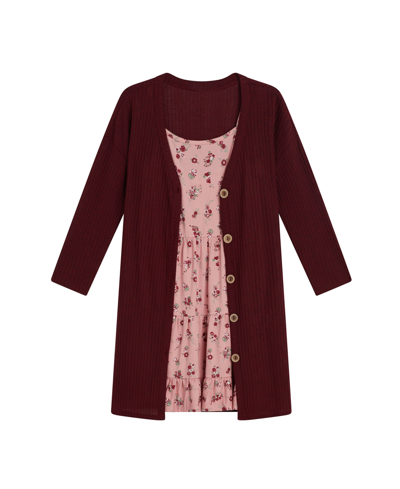 Shop Beautees Big Girls Printed Knit Dress And Cardigan, 2-piece Set In Rose
