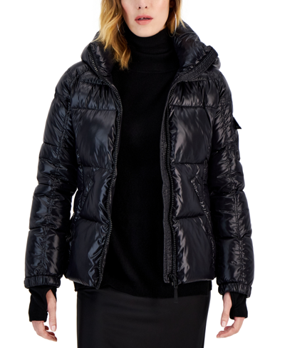 Shop S13 Women's Kylie Hooded Thumbhole-cuff Puffer Coat In Jet