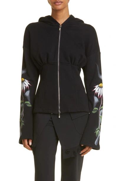 Maccapani Fleeced Cotton Sweatshirt With Floral Patterned Sleeves In Black