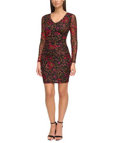 Shop Guess Women's Floral-print Long-sleeve Mini Dress In Red Multi