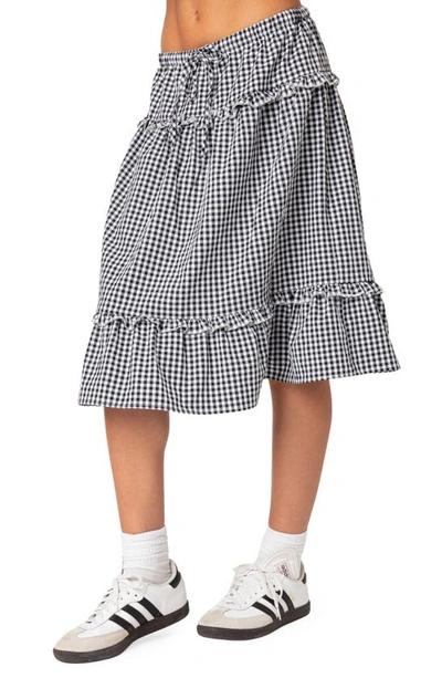 Edikted Gingham Tiered Ruffle Midi Skirt In Black-and-white